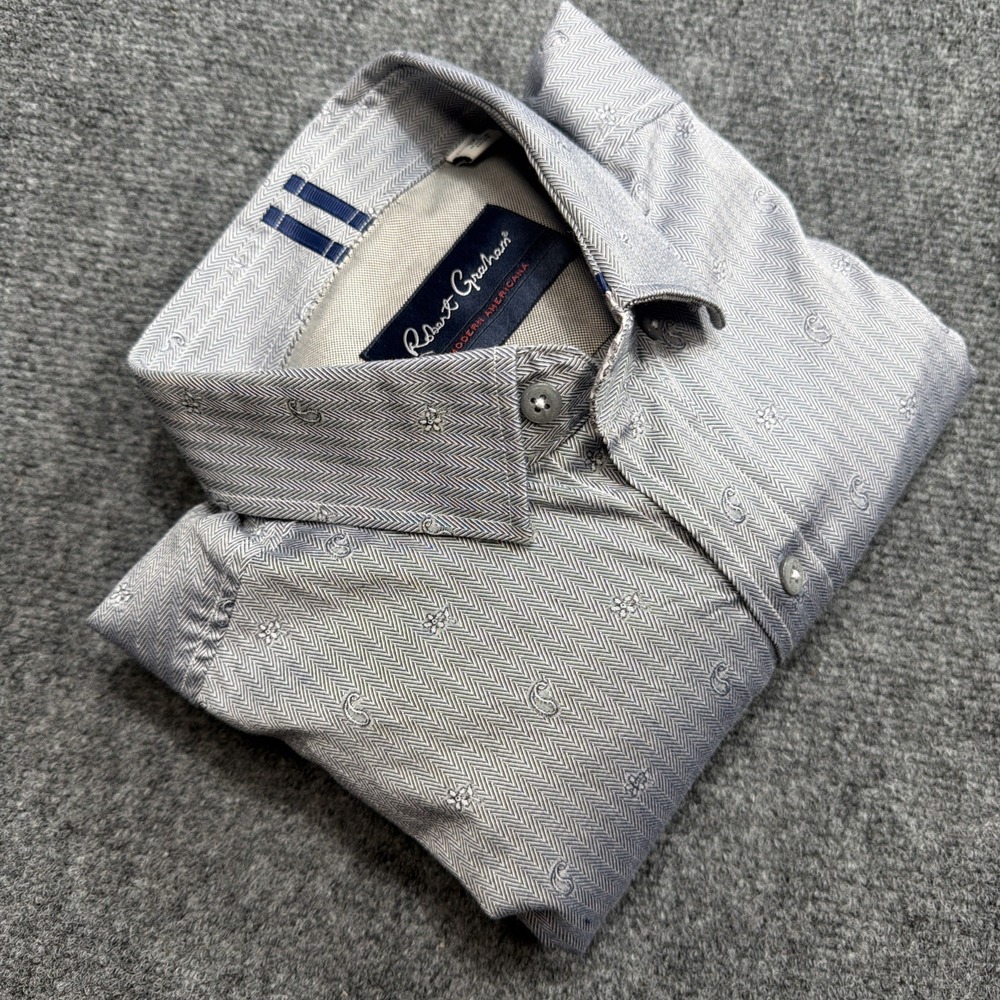 Robert Graham Shirt Men's M Tailored Slim Fit Gray‎ Herringbone Paisley Detail
